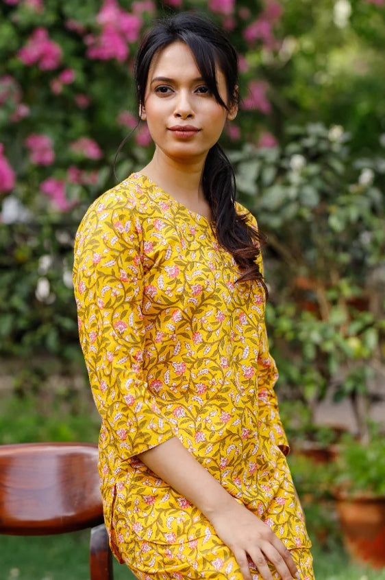 Yellow Block Printed Pyjama Set