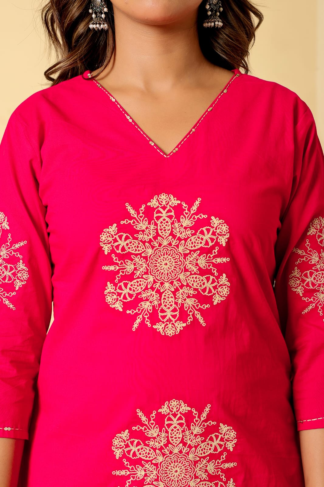 A-line Pink Embroidered Cotton Kurta Set with Dupatta