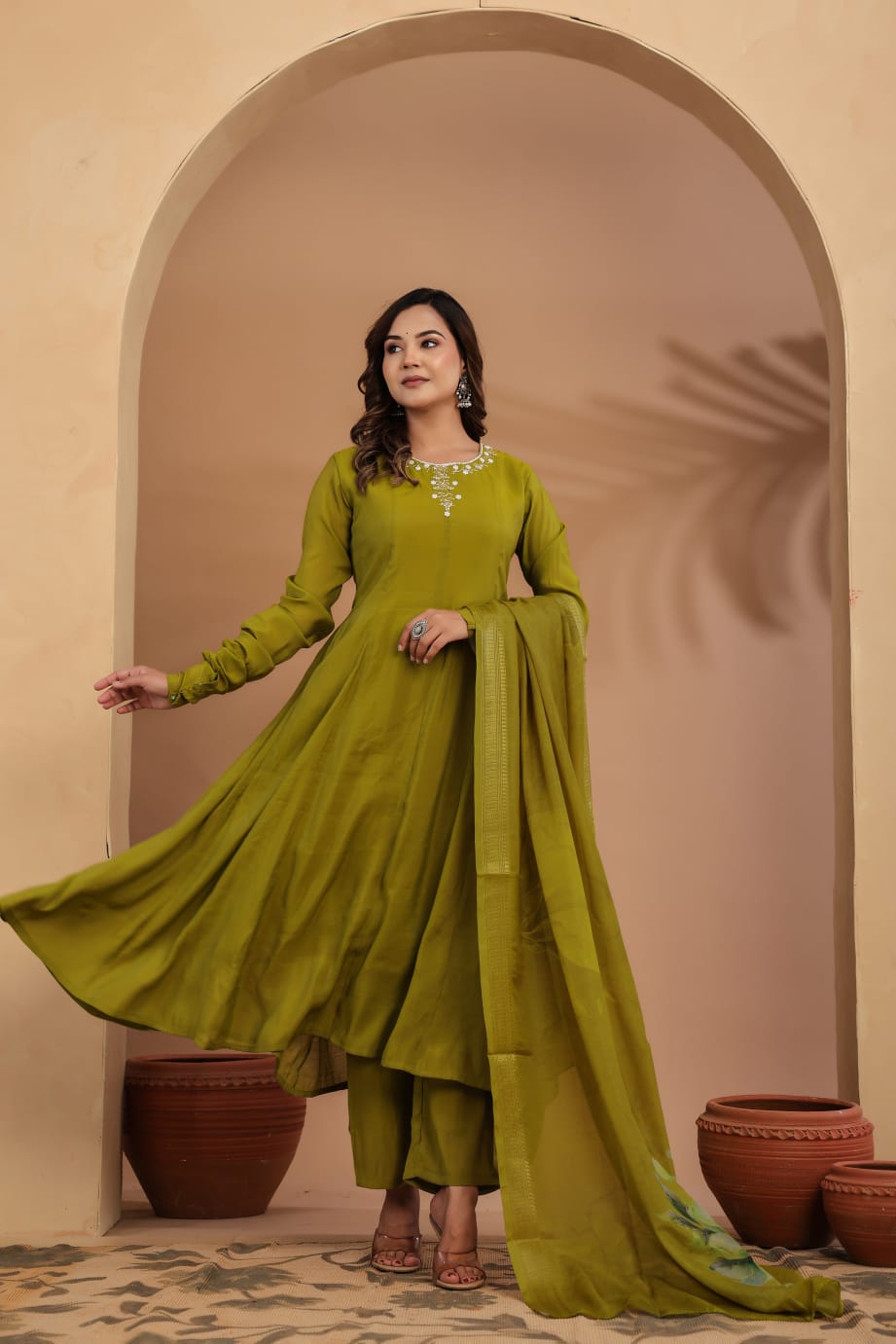 Green Mul chanderi Flare Kurta with Printed Dupatta