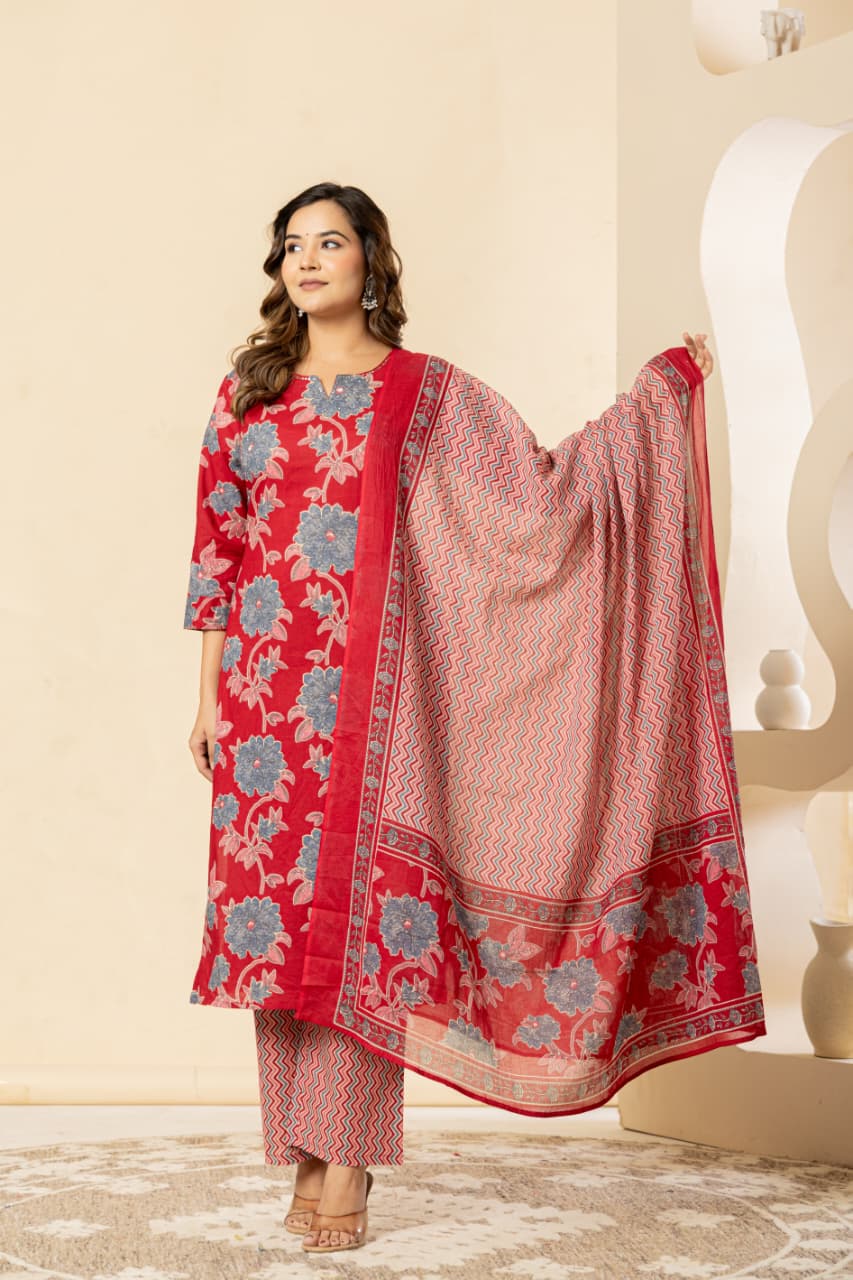 Floral Printed Cotton Red Kurta Set with Dupatta