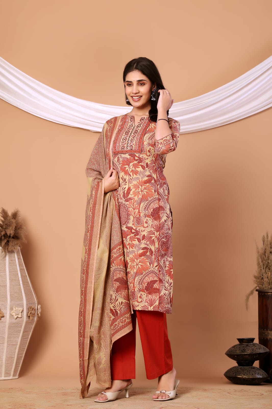 Rust Floral Printed Cotton Kurta Set with Printed Dupatta