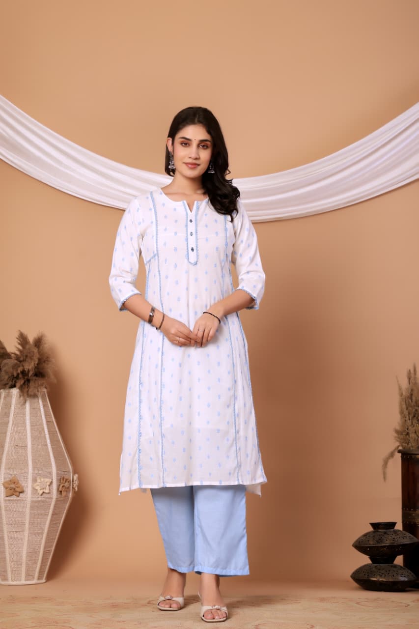 White Self design Cotton Kurta set with Blue Dupatta