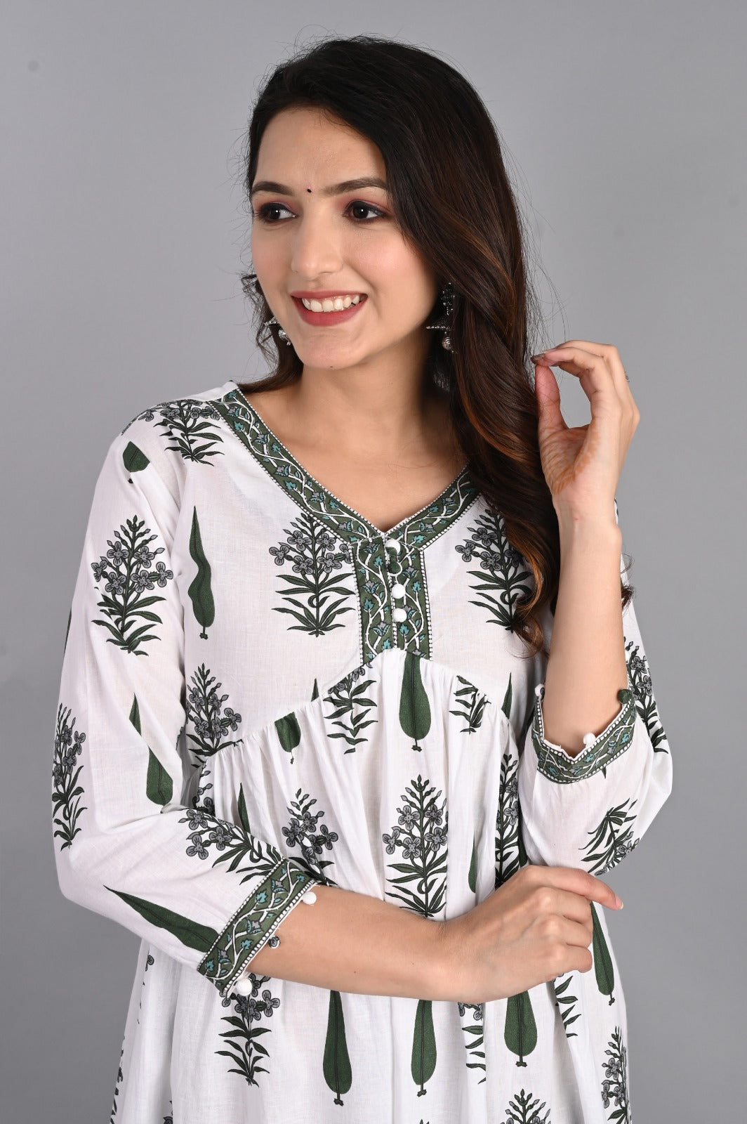 Floral Gathered Green A-Line Dress