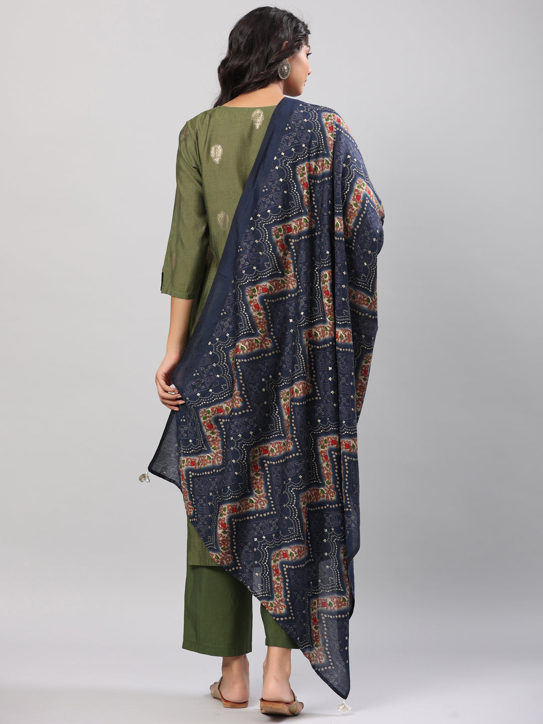 Green Foil Printed Muslin Kurta Set with Dupatta