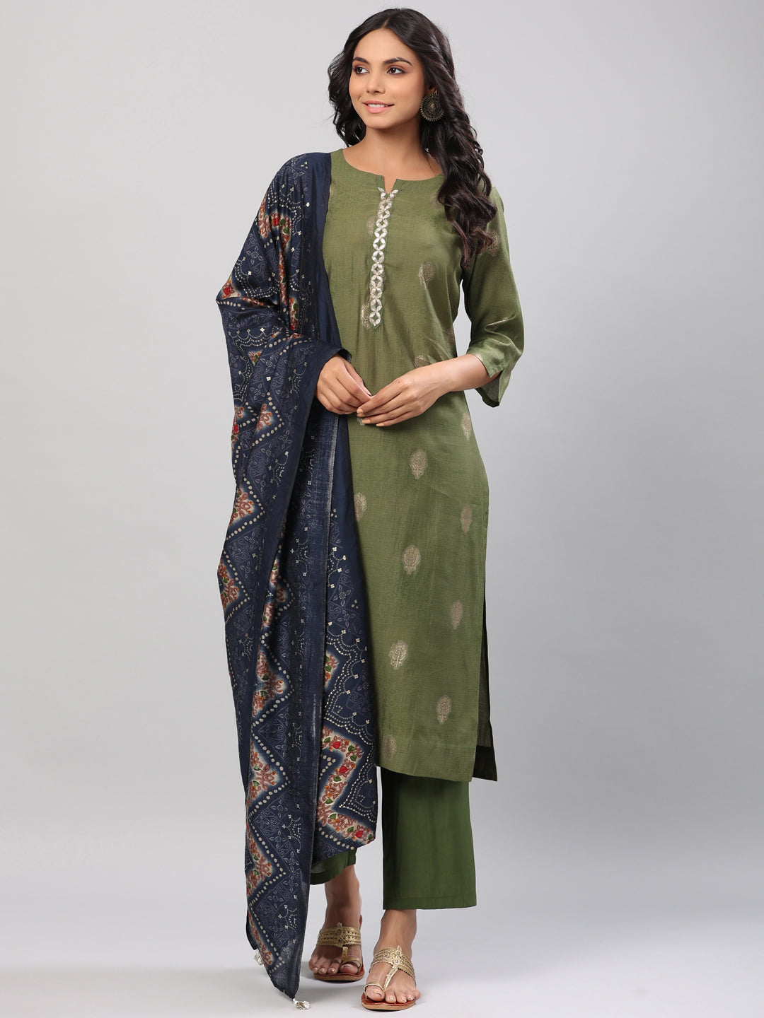Green Foil Printed Muslin Kurta Set with Dupatta