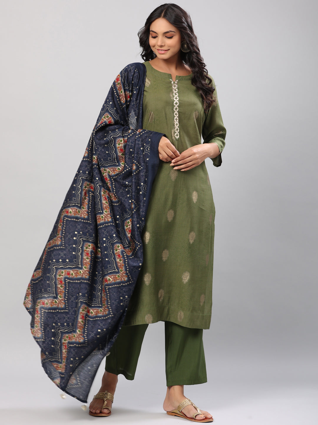 Green Foil Printed Muslin Kurta Set with Dupatta