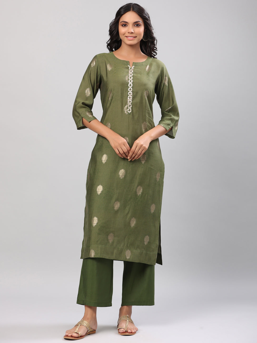 Green Foil Printed Muslin Kurta Set with Dupatta