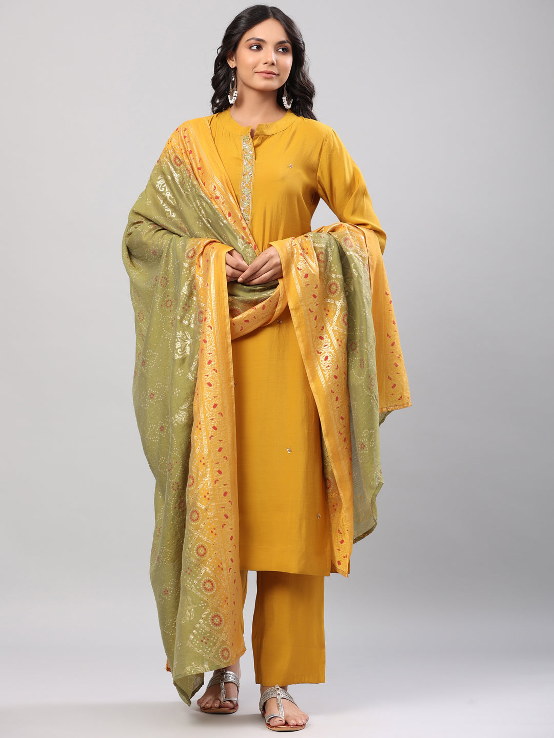 Embroidered Muslin Kurta Set with Bandhani Printed Modal Dupatta
