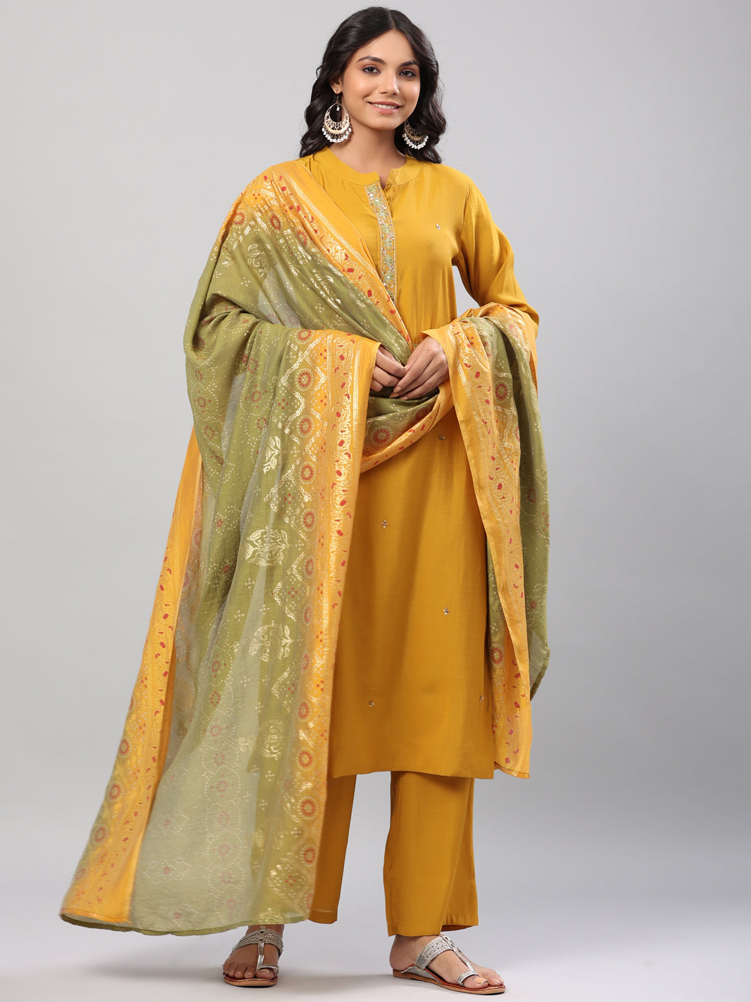 Embroidered Muslin Kurta Set with Bandhani Printed Modal Dupatta