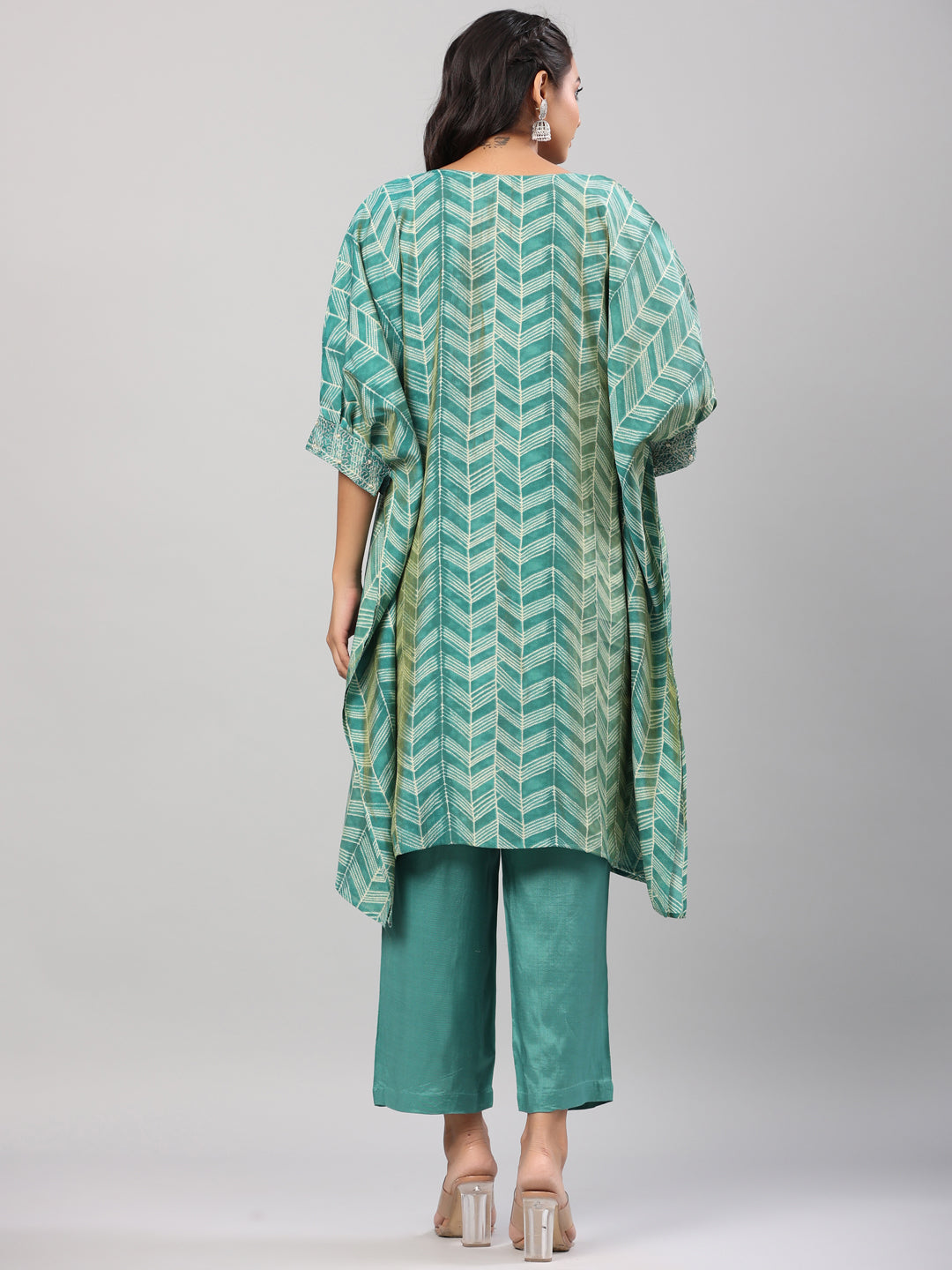 Green Silk Blend Printed Kaftaan Kurta Set