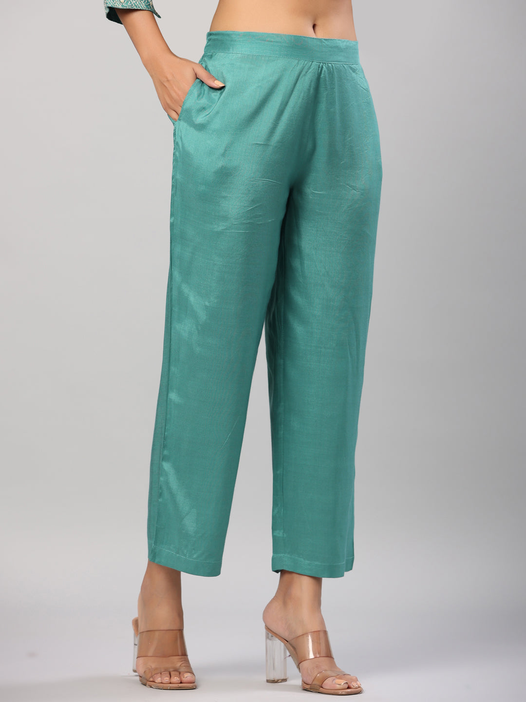 Green Silk Blend Printed Kaftaan Kurta Set