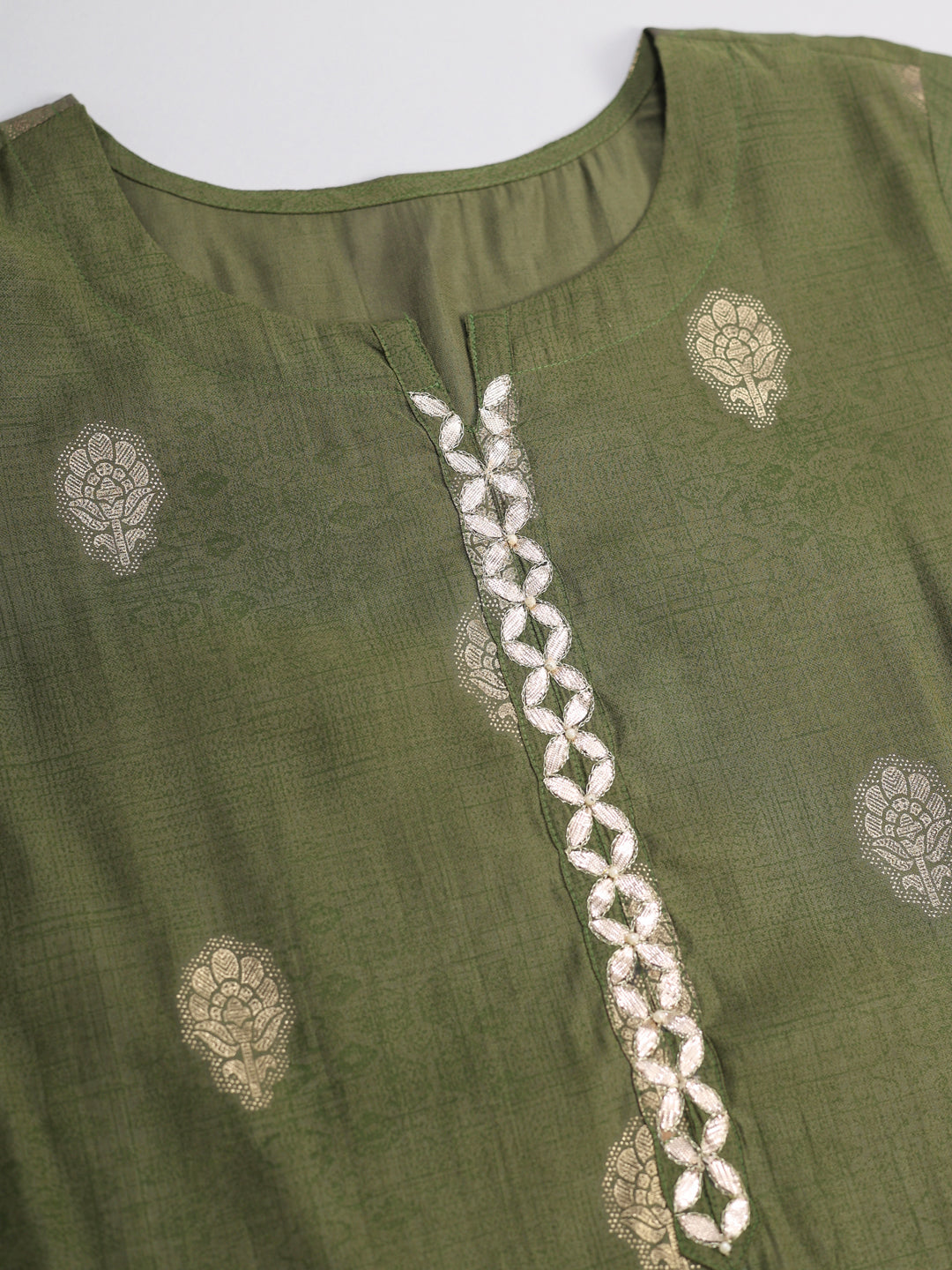 Green Foil Printed Muslin Kurta Set with Dupatta
