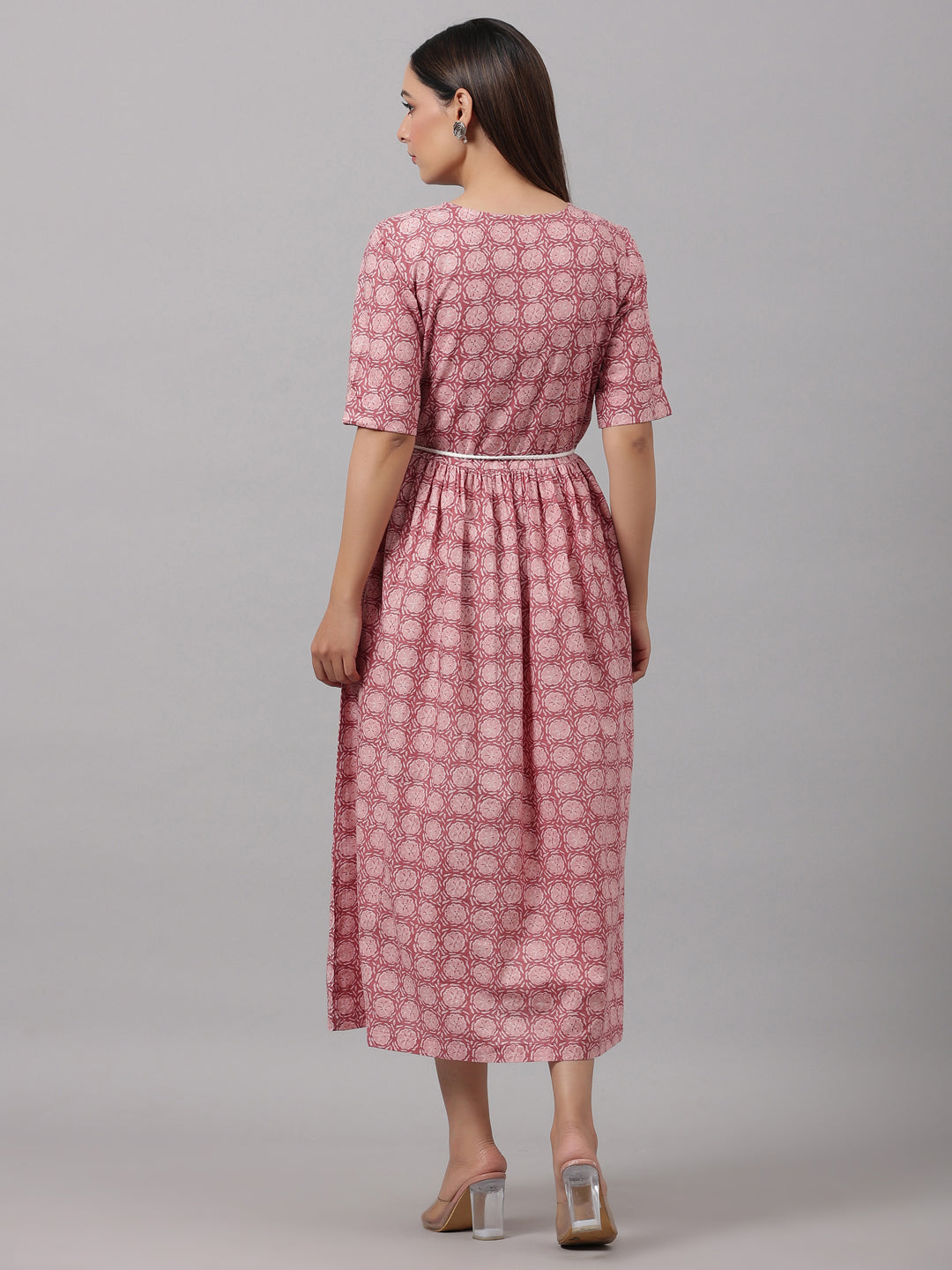 Peach Block Printed A-Line Dress