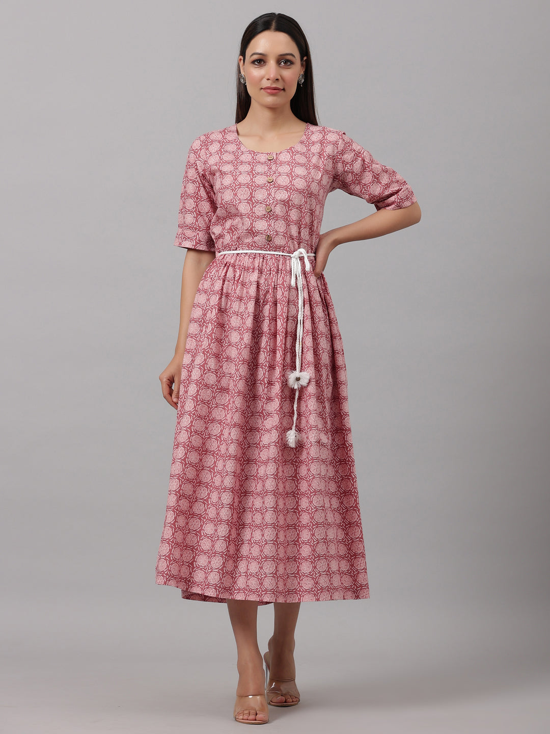 Peach Block Printed A-Line Dress