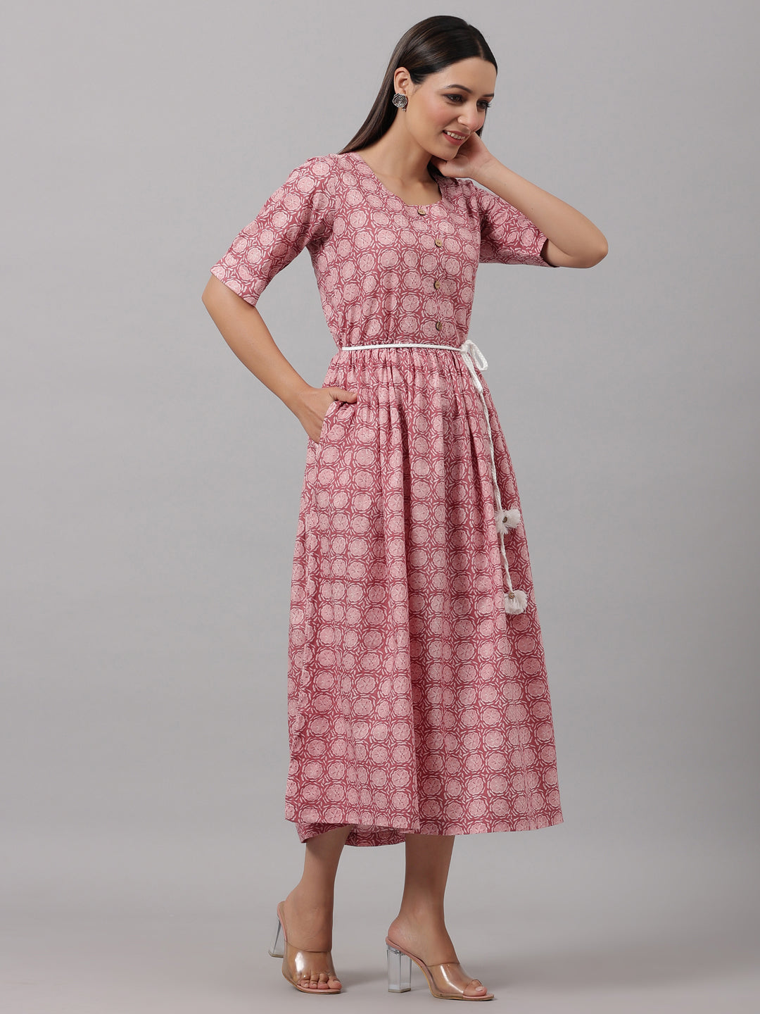 Peach Block Printed A-Line Dress
