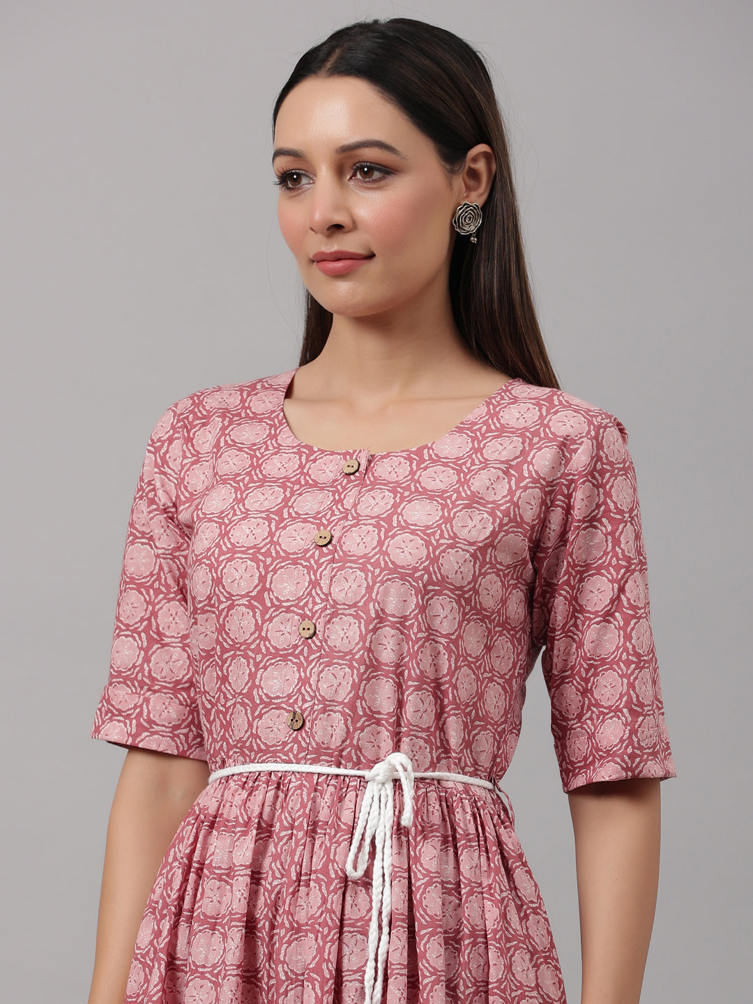 Peach Block Printed A-Line Dress