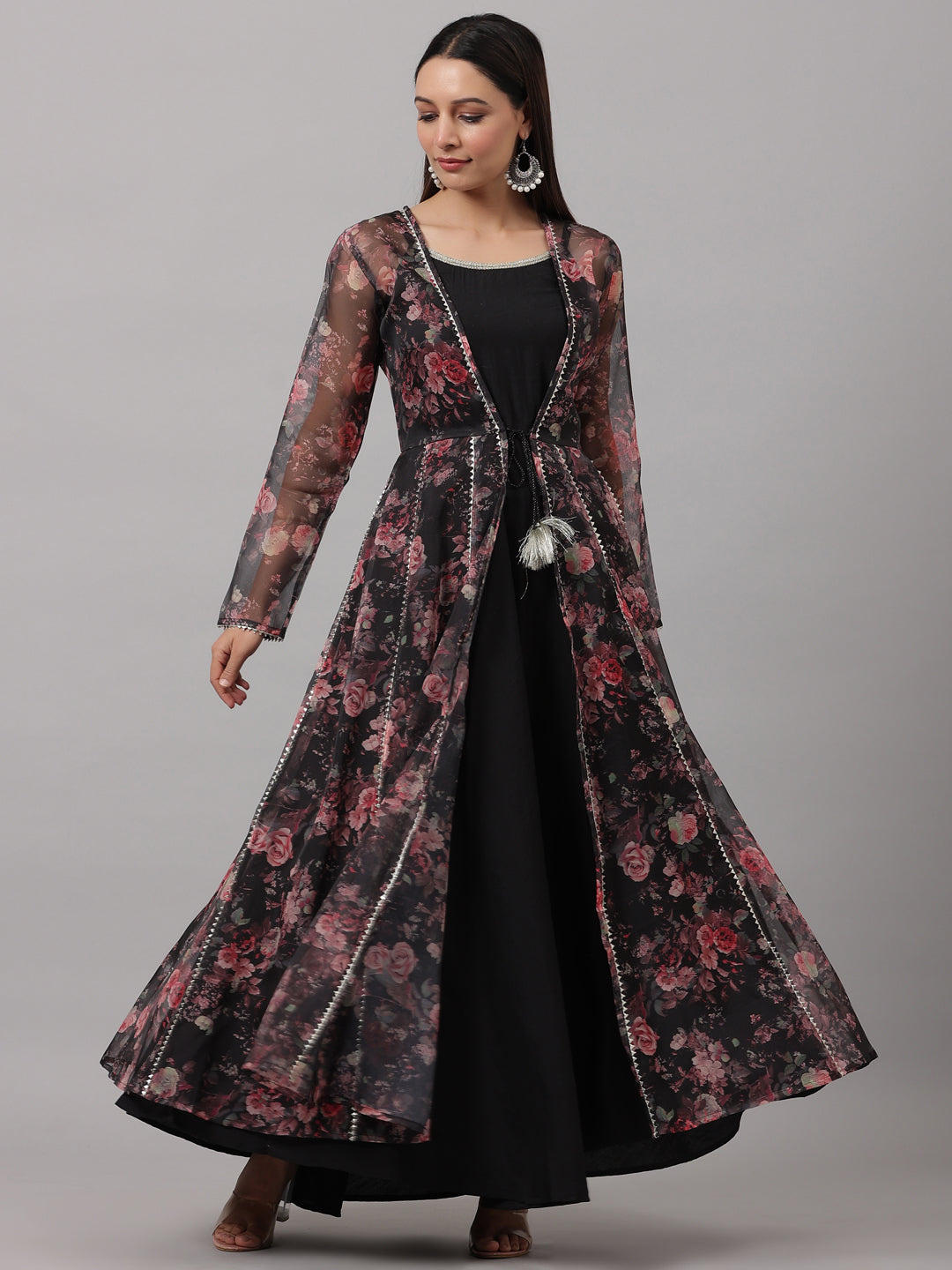 Black Flared Suit with Organza Jacket