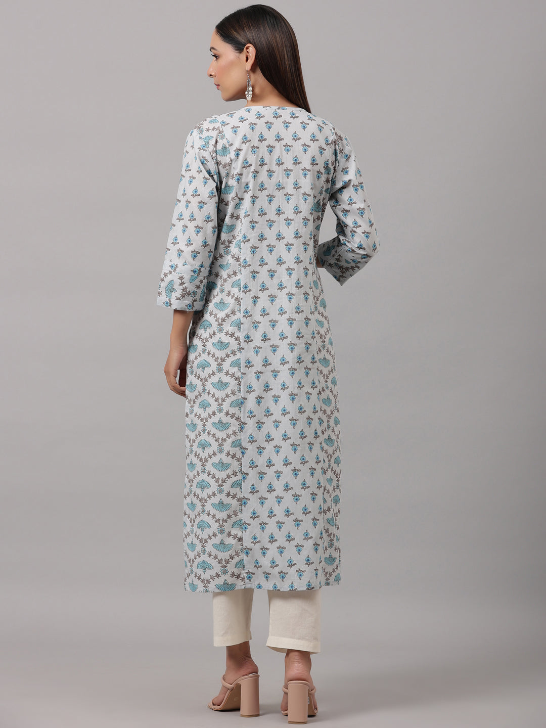 Blue Floral Printed Pintuck Kurti