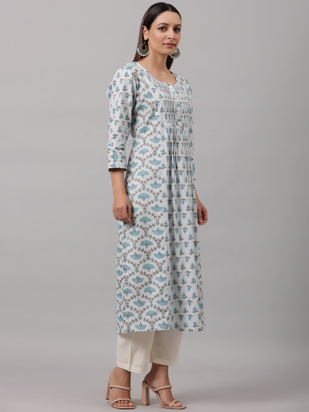 Blue Floral Printed Pintuck Kurti