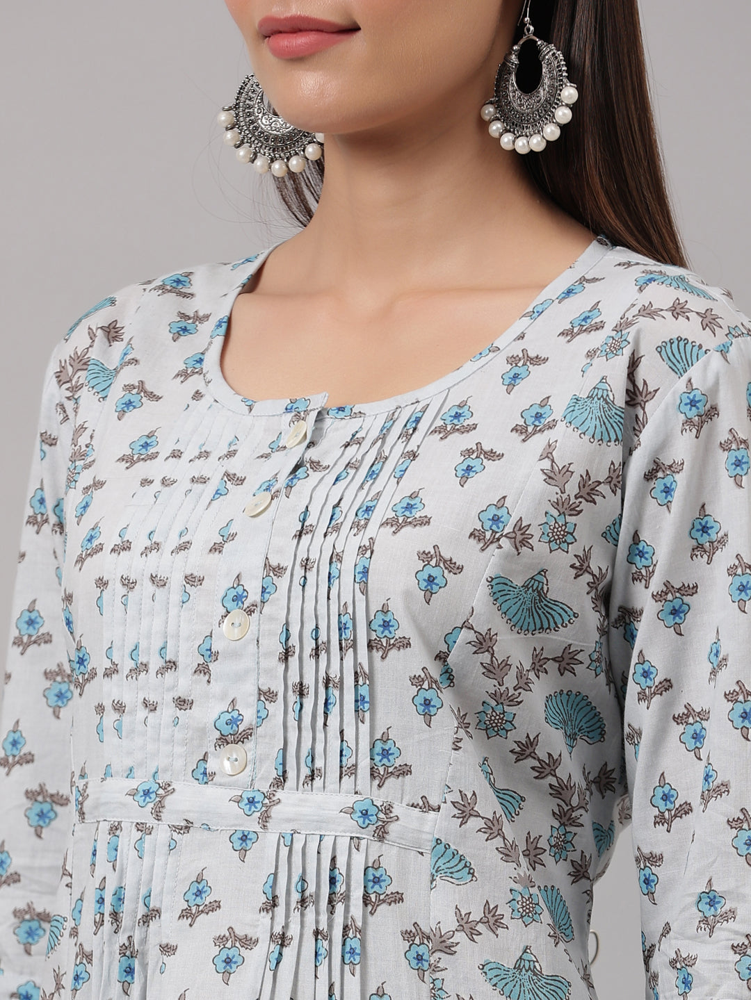 Blue Floral Printed Pintuck Kurti