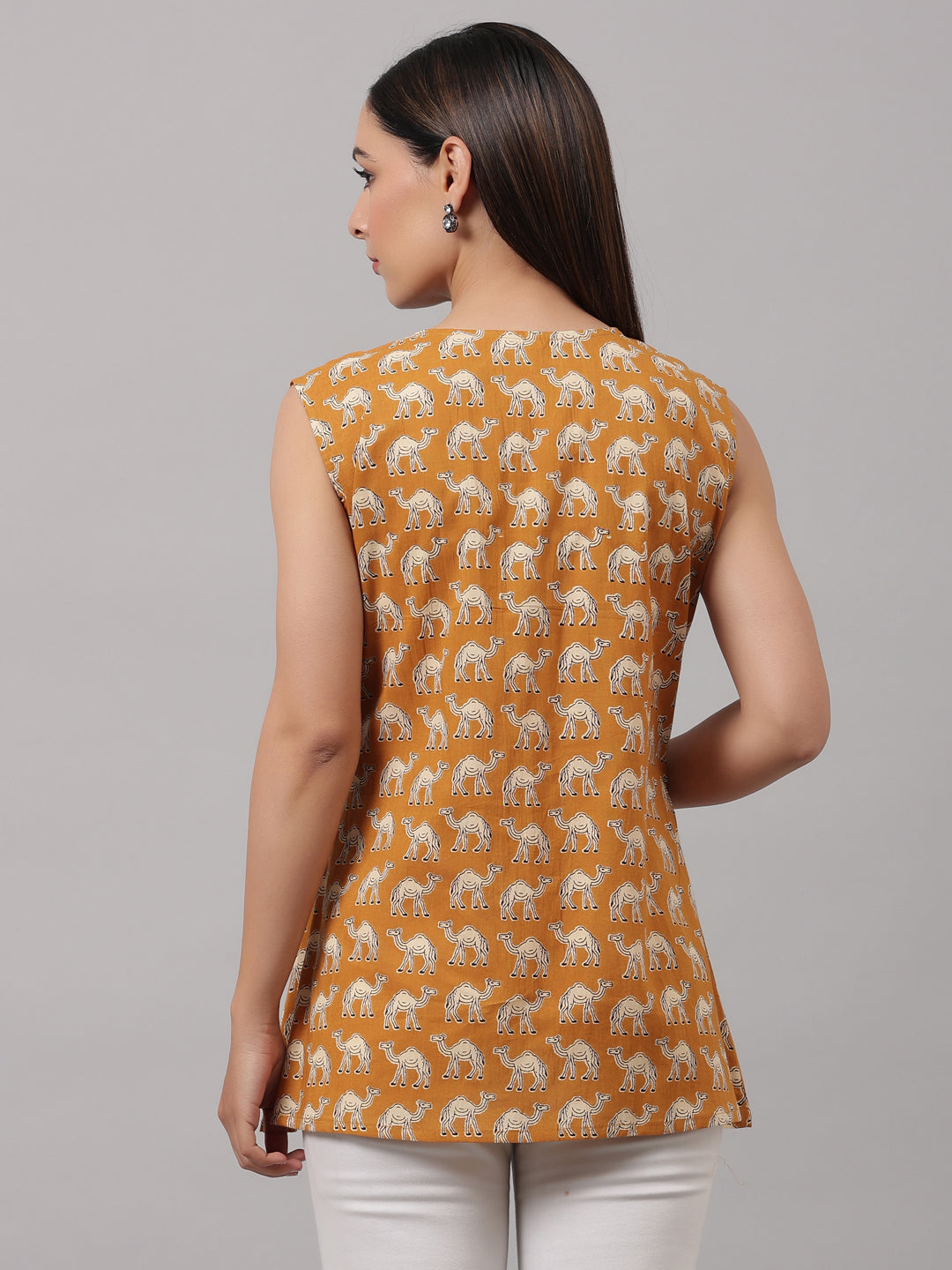 Mustard Camel Printed Cotton Top