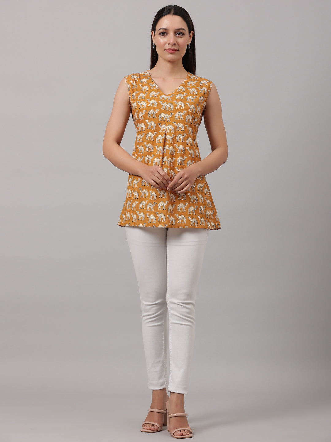 Mustard Camel Printed Cotton Top