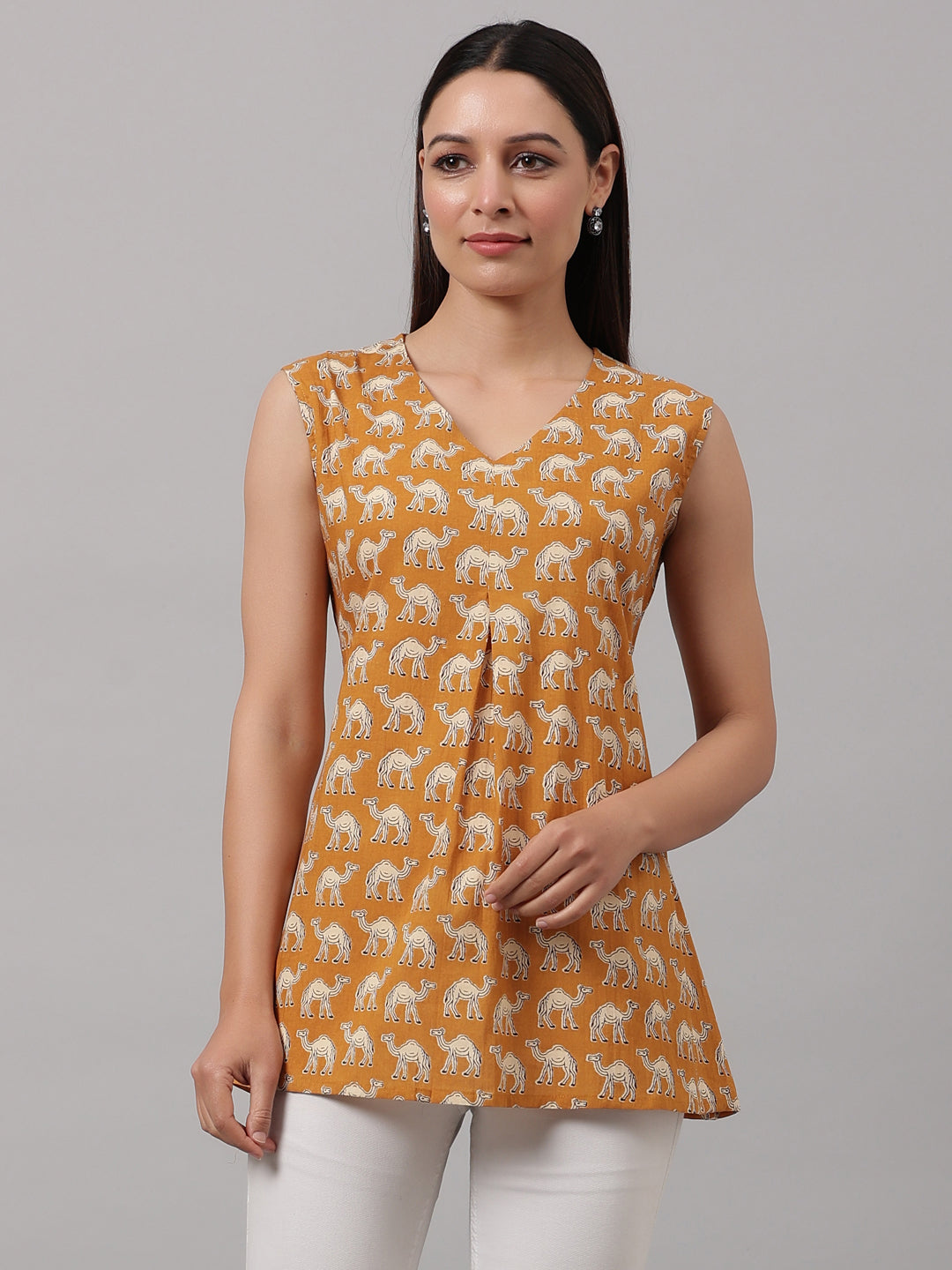 Mustard Camel Printed Cotton Top