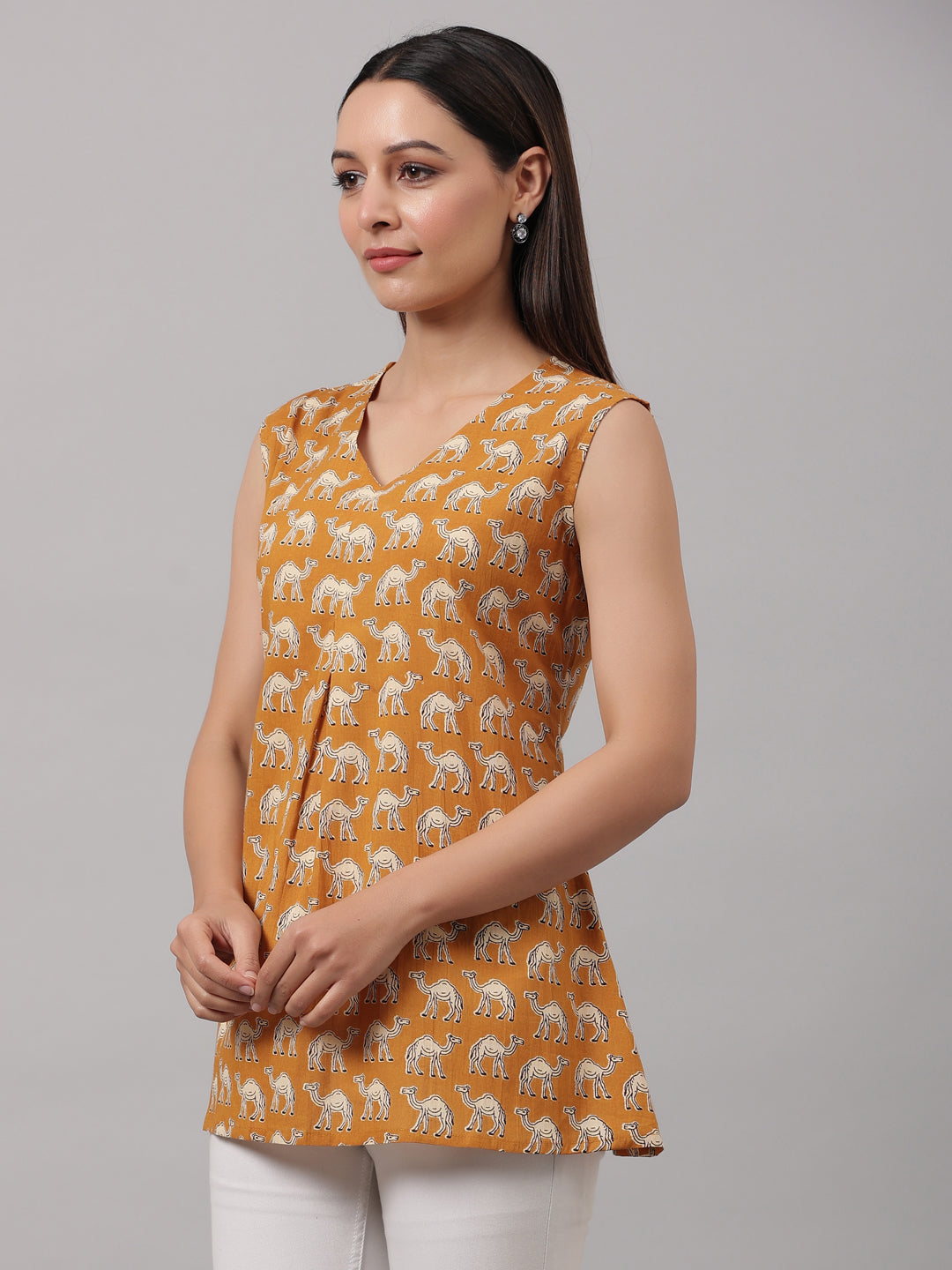 Mustard Camel Printed Cotton Top