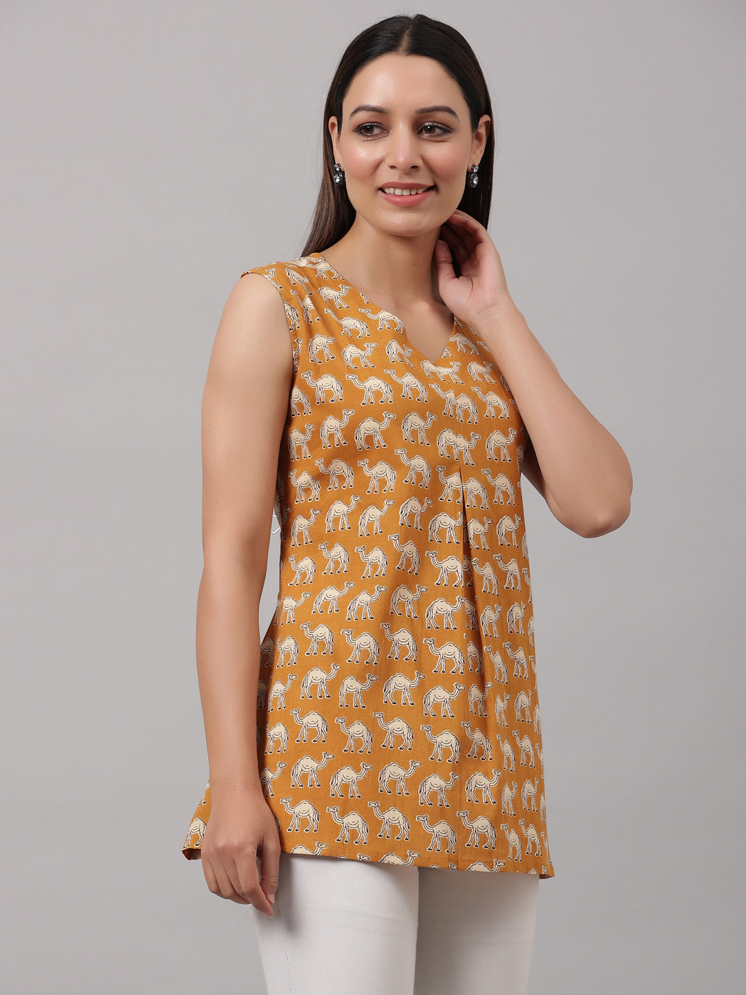 Mustard Camel Printed Cotton Top