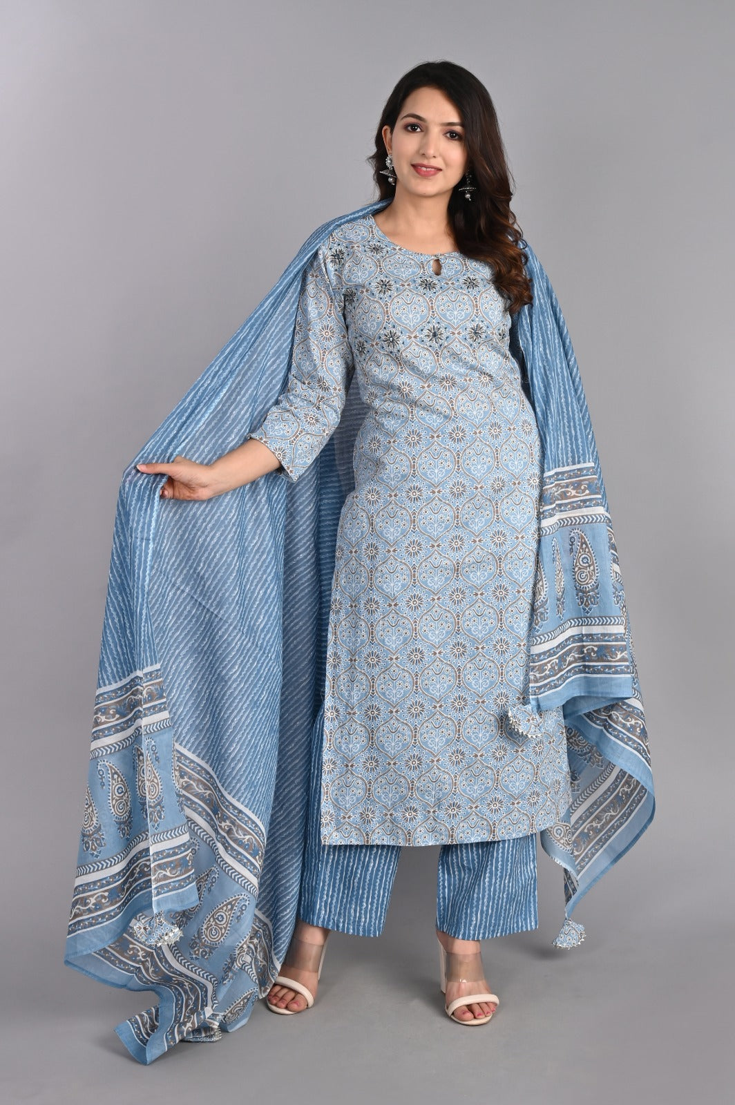 Floral Embroidered Blue Kurta Set with Dupatta