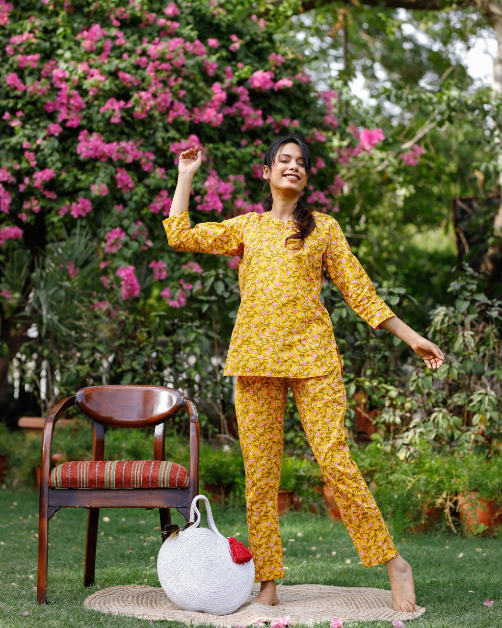 Yellow Block Printed Pyjama Set