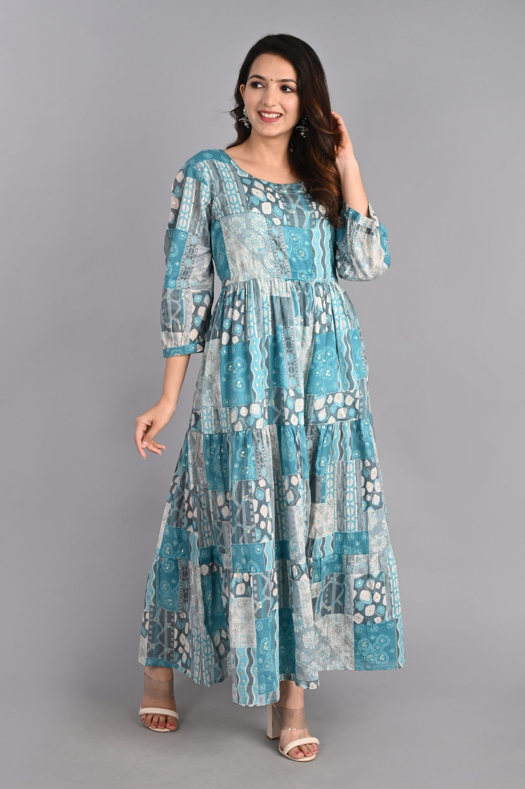 Abstract Print Blue Tiered Dress