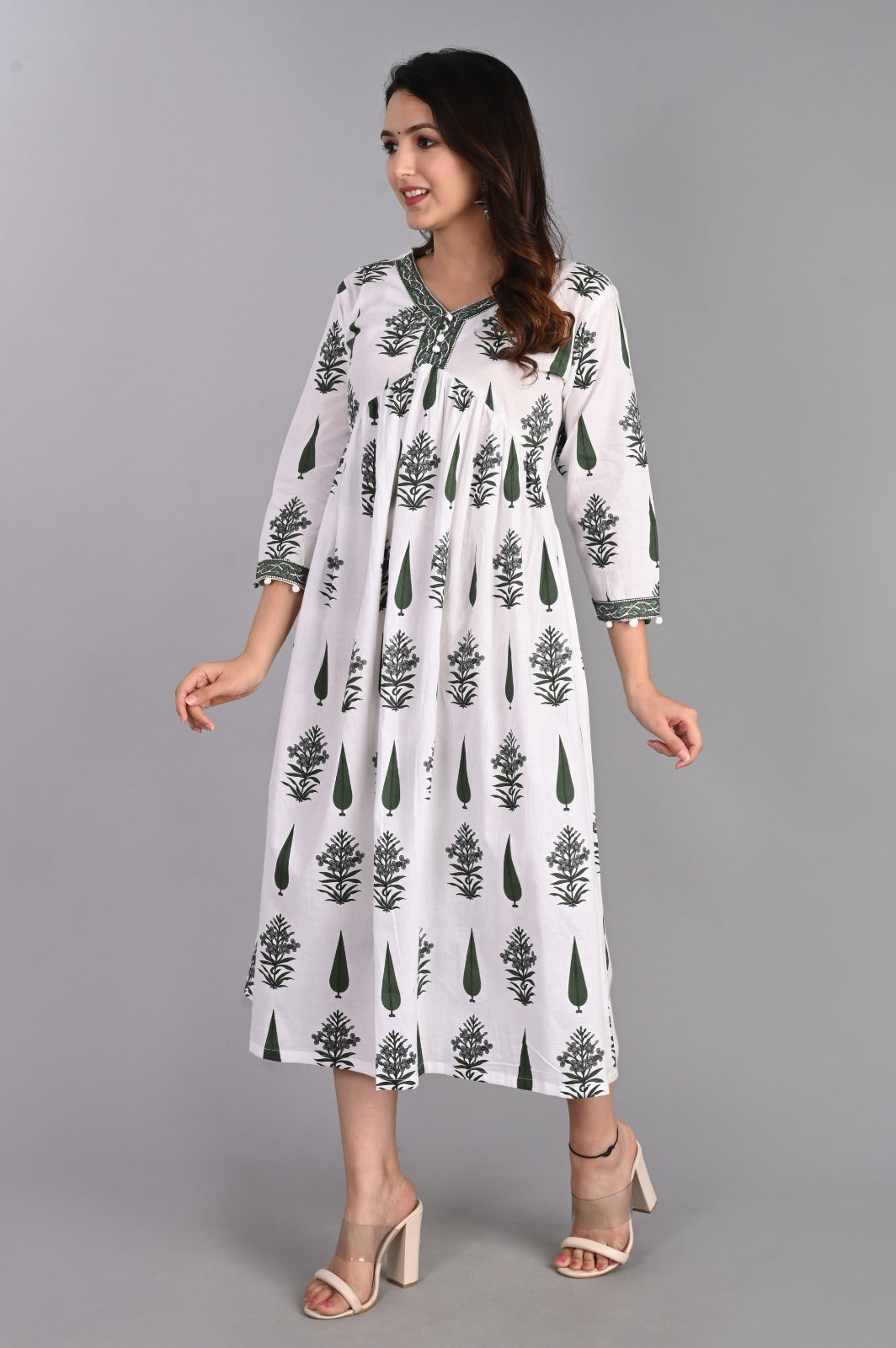Floral Gathered Green A-Line Dress