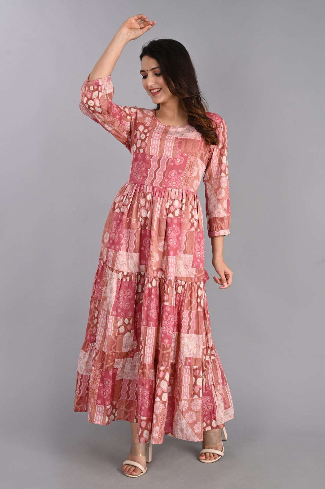 Abstract Print Pink Tiered Dress