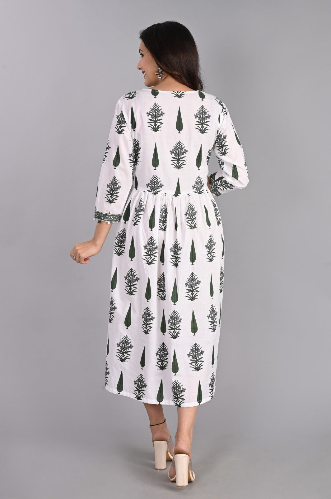 Floral Gathered Green A-Line Dress