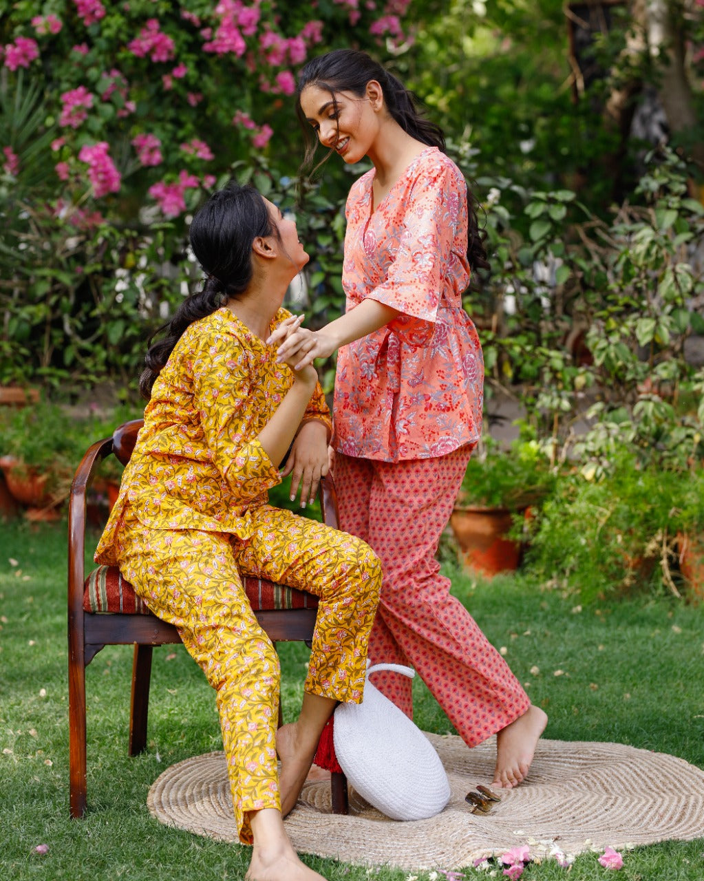 Yellow Block Printed Pyjama Set