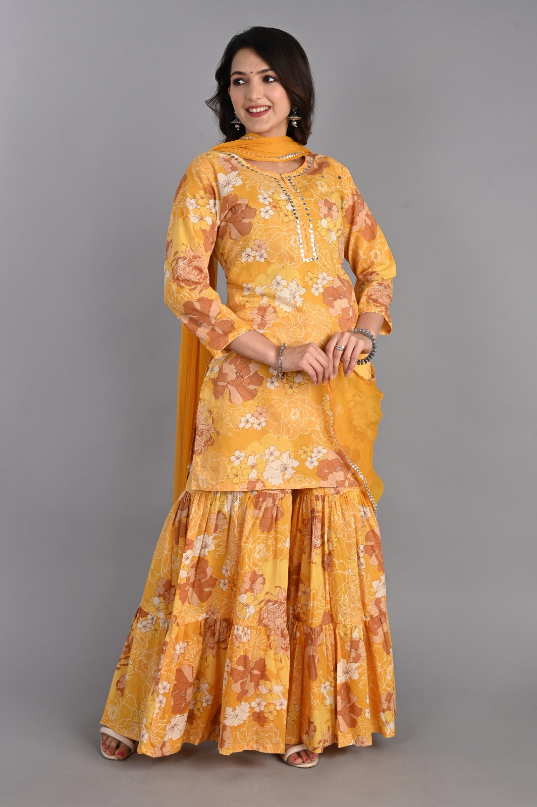 Yellow Cotton Sharara with Mirror Work