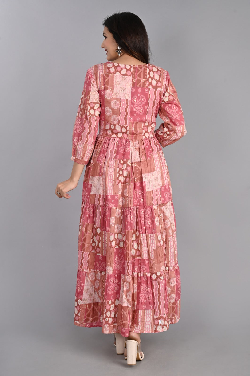 Abstract Print Pink Tiered Dress