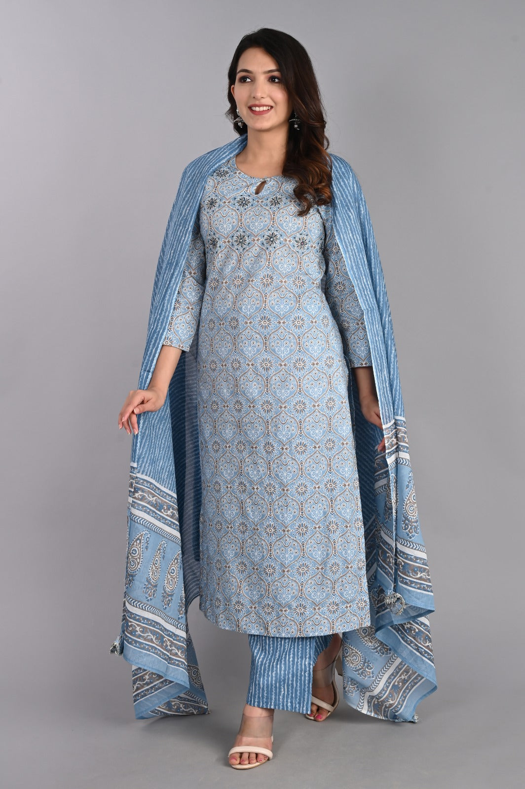 Floral Embroidered Blue Kurta Set with Dupatta