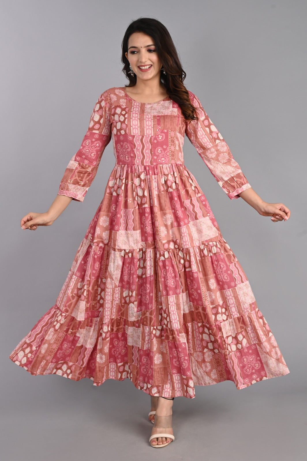 Abstract Print Pink Tiered Dress
