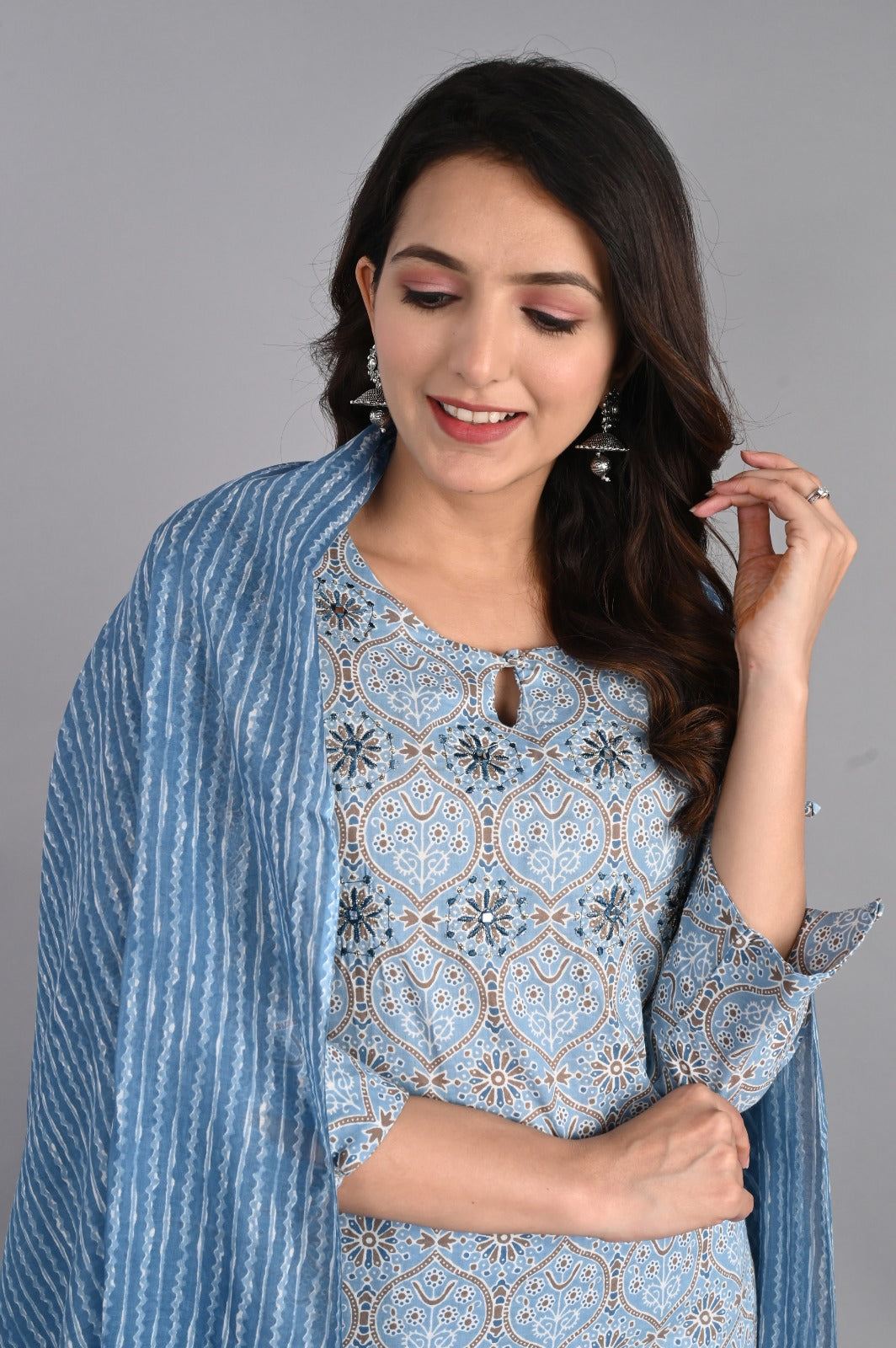 Floral Embroidered Blue Kurta Set with Dupatta