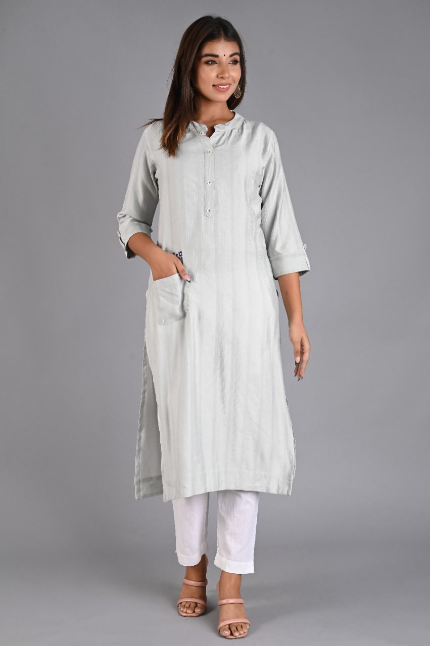 Grey Straight Kurta with Embroidered Pocket