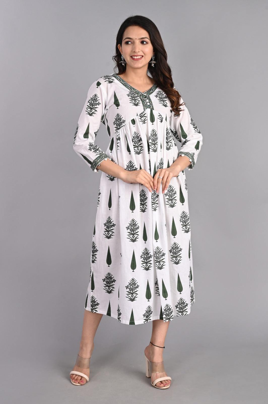 Floral Gathered Green A-Line Dress