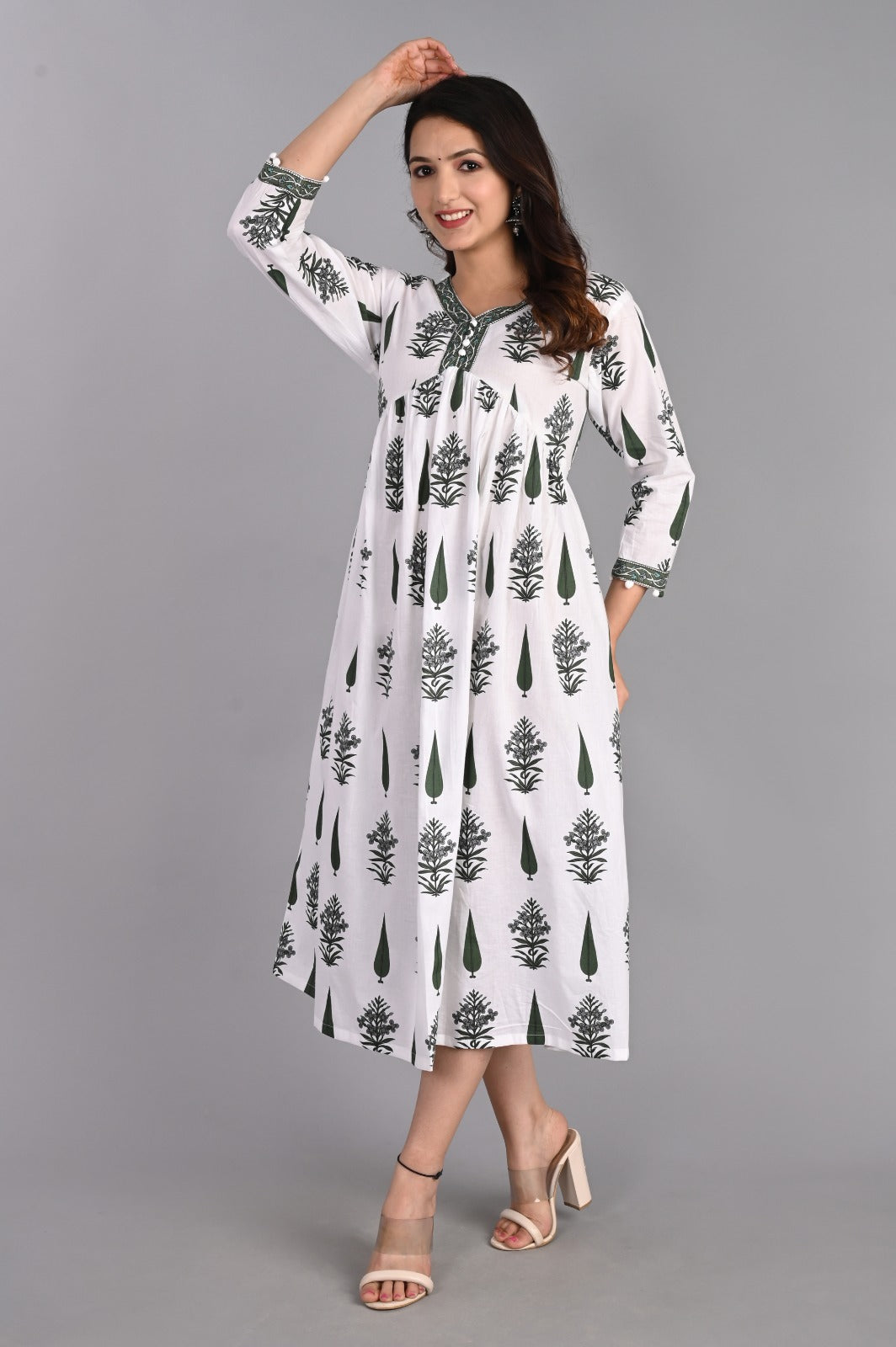 Floral Gathered Green A-Line Dress