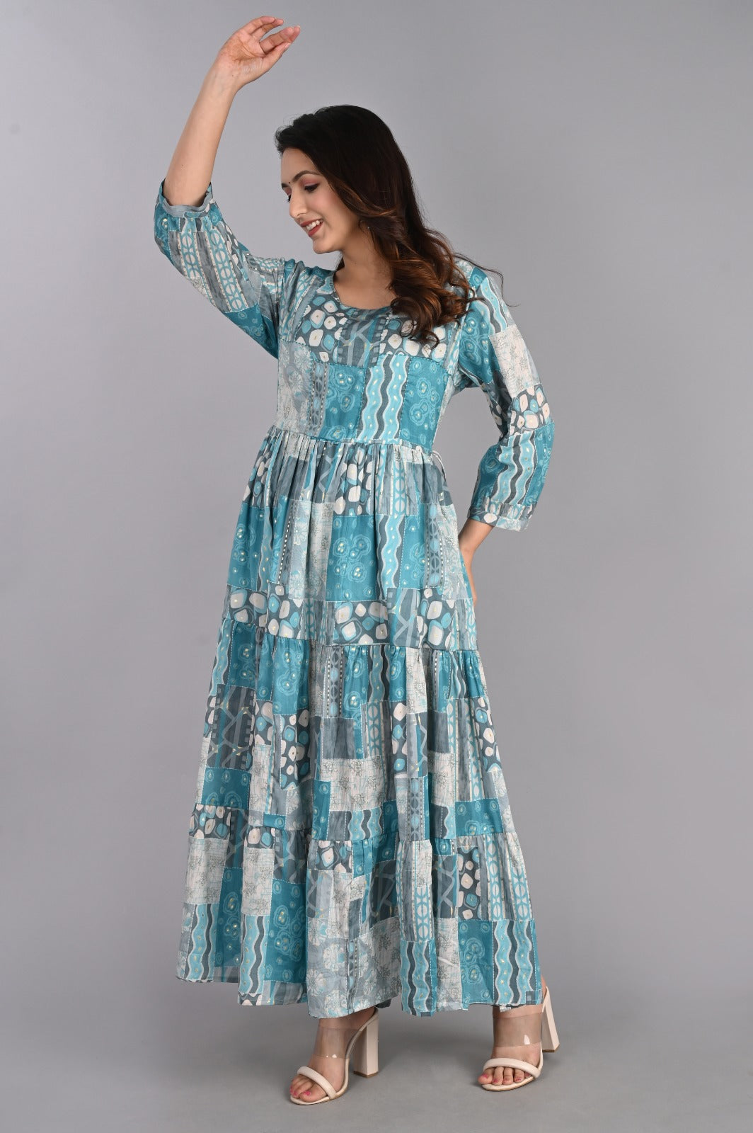 Abstract Print Blue Tiered Dress