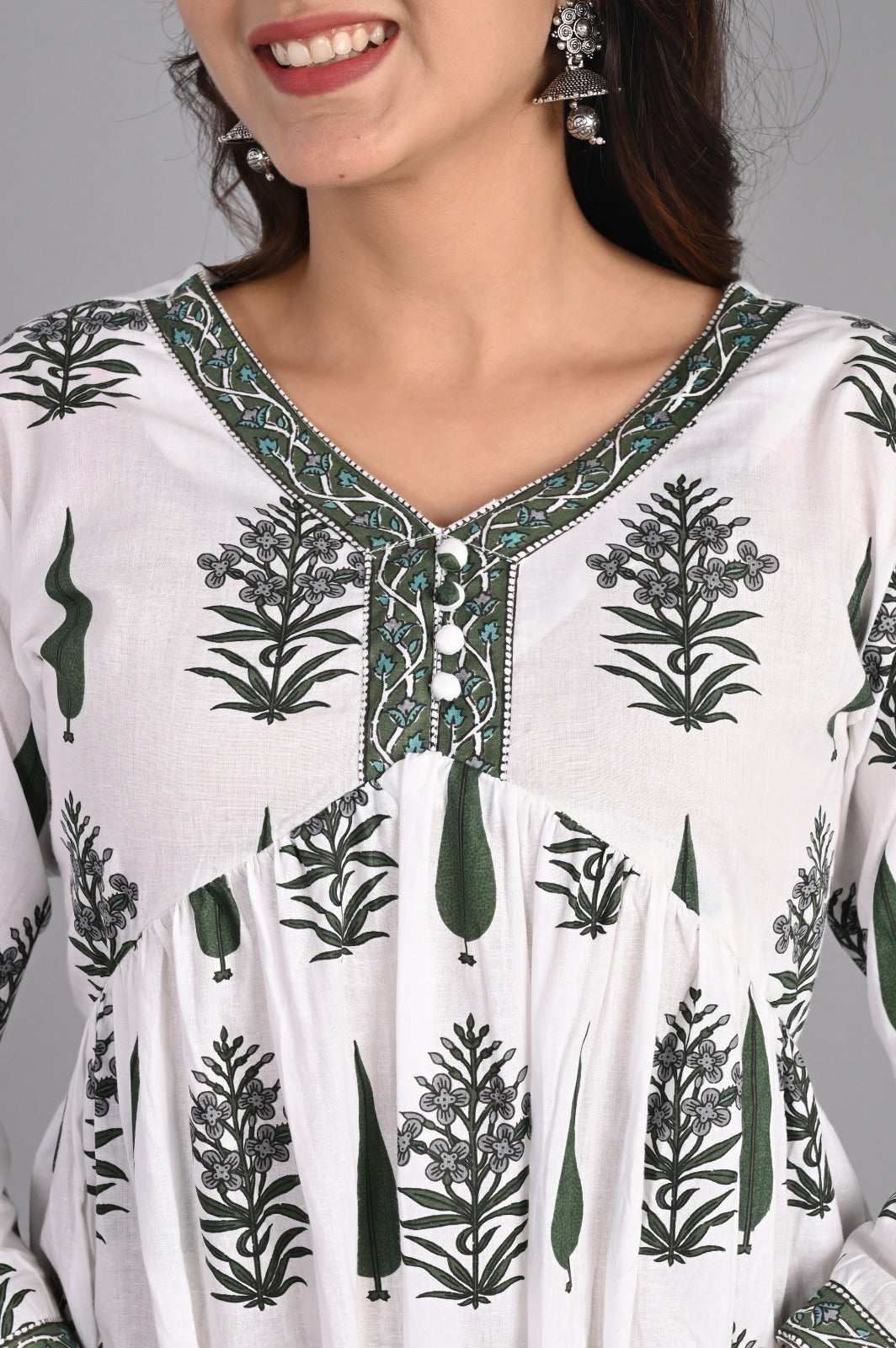 Floral Gathered Green A-Line Dress