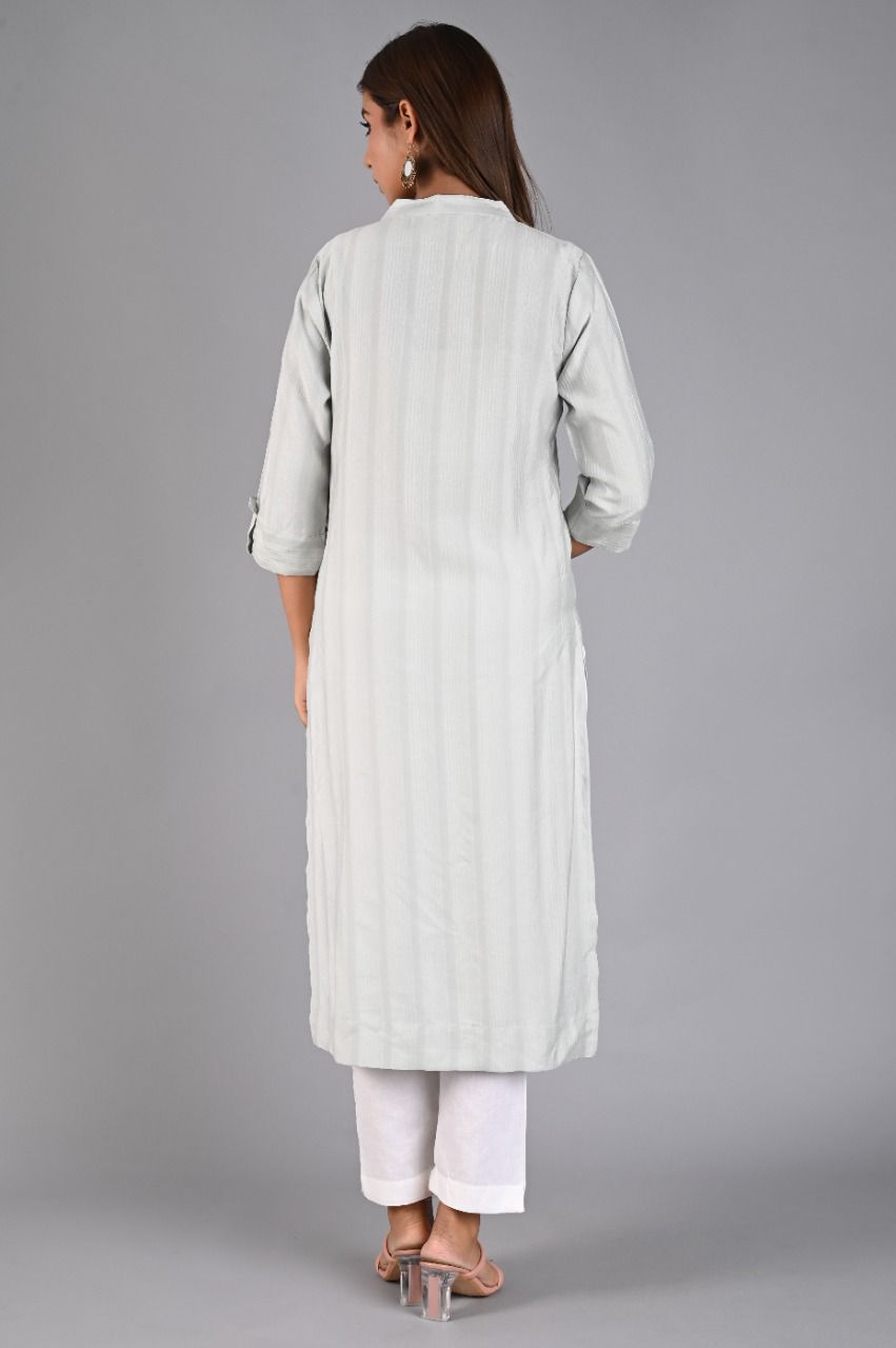 Grey Straight Kurta with Embroidered Pocket