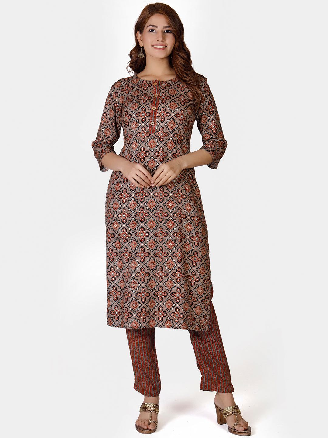 Ajrakh Printed Brown Kurta Set