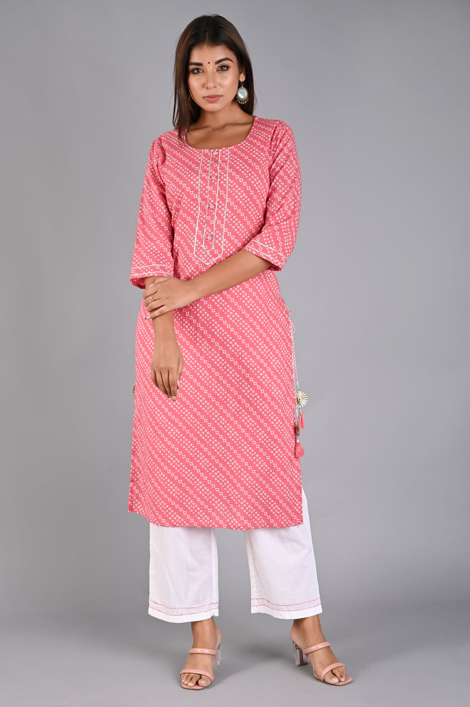 Pink Bandhani Kurta Set with Tassels