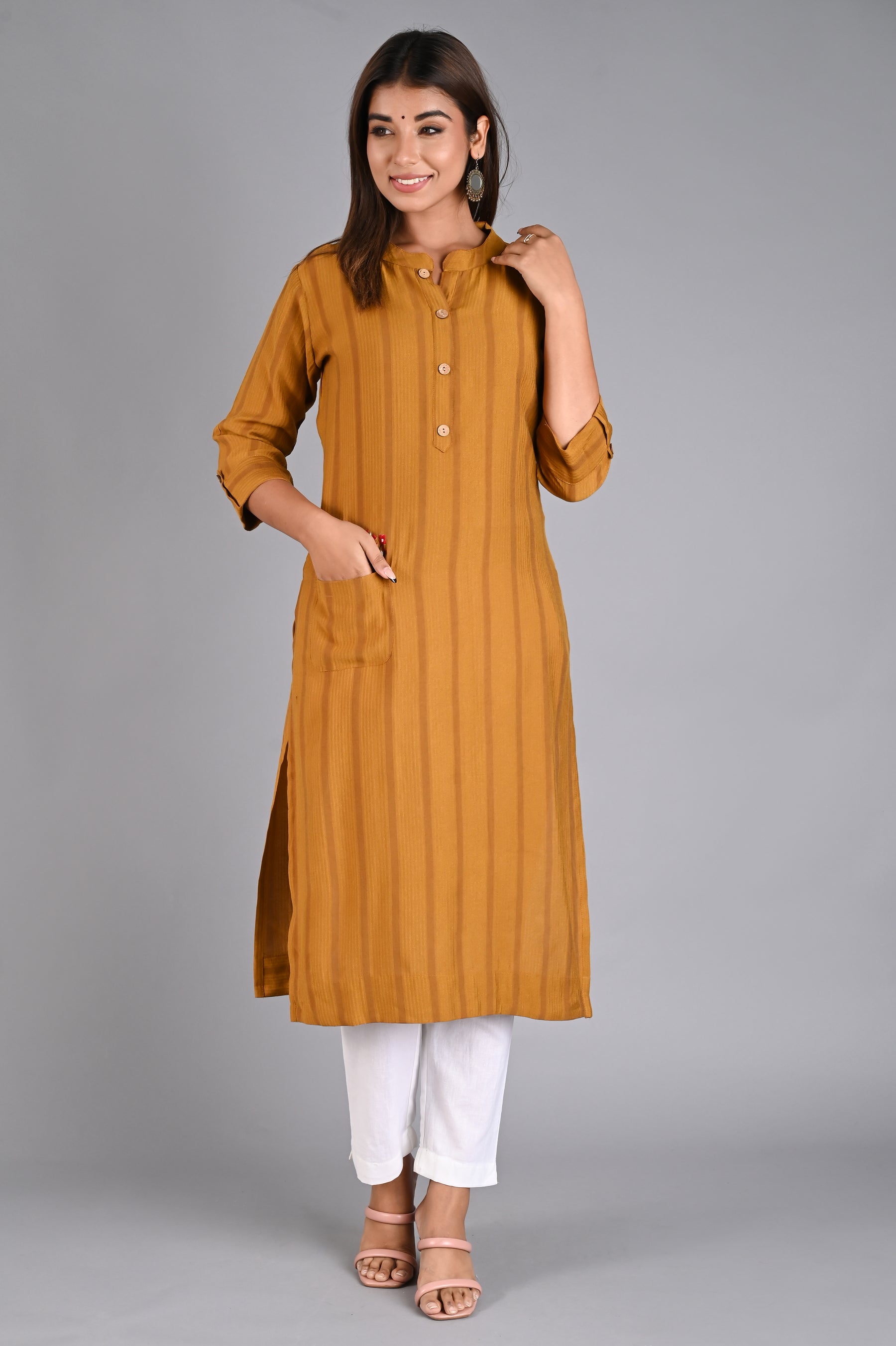 Mustard Straight Kurta with Embroidered Pocket